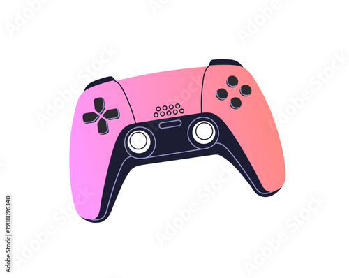 Videogame console controller. Wireless joystick for video games. Pink gamepad in gradient style. Modern joypad. Gamers accessory for playing. Flat isolated vector illustration on white background