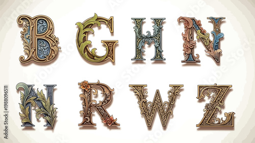 Elegant ornate alphabet letters with intricate floral and vine designs in a vintage style Vector