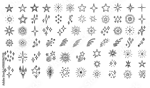 Star sparkle glow doodle collection glitter shine light elements hand drawn sketch outline vector set