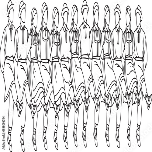 line art illustration of synchronized dance team in white outfits performing choreography on plain background