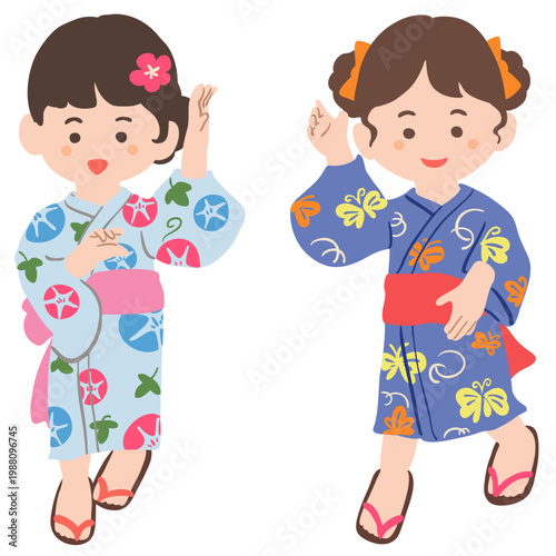 浴衣を着て踊る女の子のイラスト