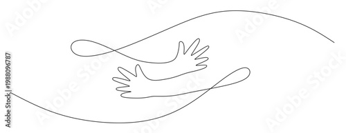 a continuous line drawing of two hands embracing or hugging each other. a vector image of a single black curved line on a white background, a symbol of affection