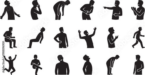 Minimal Vector Silhouette Set of Man Laughing and Joyful Body Language Poses.