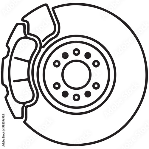 Car disc brake rotor and caliper line art icon vector illustration for automotive repair and maintenance services
