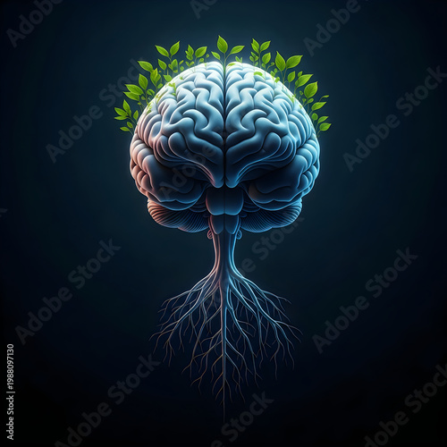 Human brain with growing tree roots and leaves representing personal growth and cognitive development in conceptual 3D medical illustration