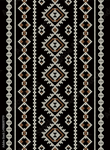Traditional geometric ethnic pattern with diamond motifs in vertical stripes. Inspired by tribal textile design, featuring symmetrical shapes in black, white, and brown tones. Suitable for background,