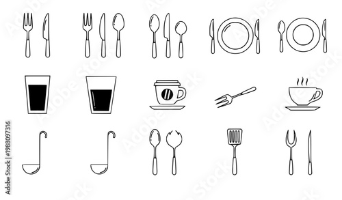 Foto Restaurant utensil icon set fork knife spoon plate dining vector isolated on whi