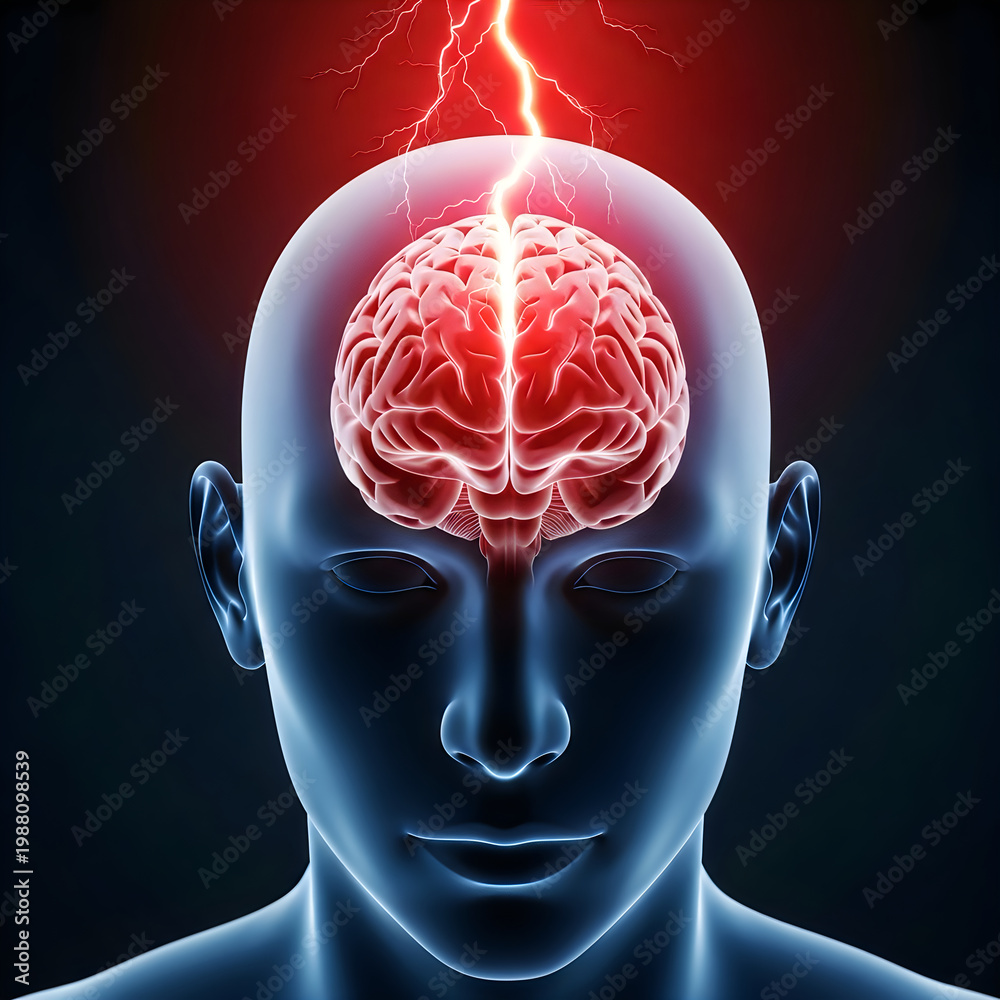 Obraz premium Human head with exposed brain struck by electrical lightning bolt symbolizing migraine headache and neurological stress in medical 3D rendering