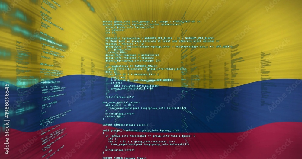 Naklejka premium Displaying Colombian tricolor flag streaking across digital studio, with overlaid teal source code