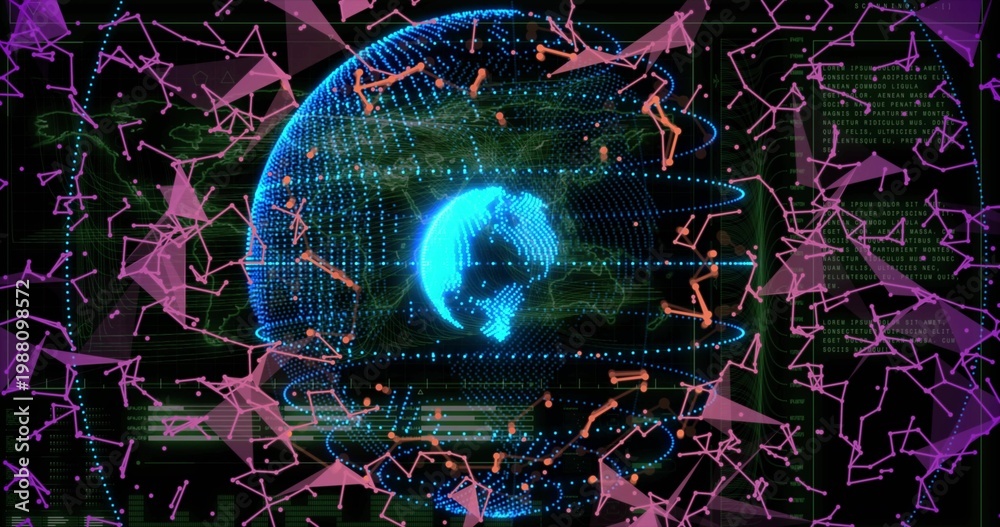 Fototapeta premium Rotating blue point-cloud globe pulsing in digital display, showing orange nodes and magenta mesh