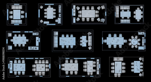 Dining Furniture Plan Layout Top View Blueprint Vector Collection – AutoCAD Architecture Multi View Light Blue Ash Color Design on Black Background