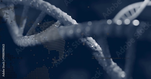 Displaying DNA double helix with bead droplets at center in biotech graphic, dotted globe and code