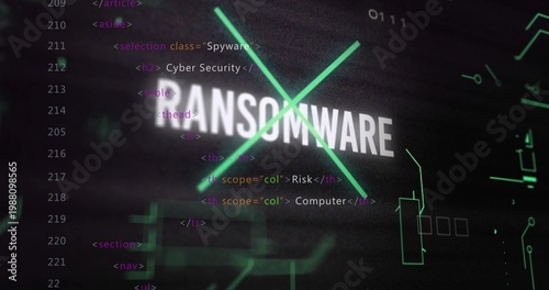 Displaying centered RANSOMWARE crossed by neon green X on cyber UI, showing code and circuits