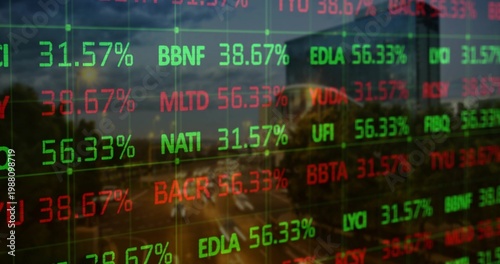 Displaying stock ticker overlay covering reflective glass at urban street, with cars and signals