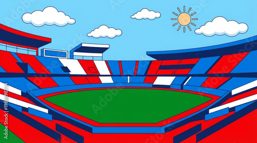 Vibrant Football Stadium Seating Area Under Sunny Sky.