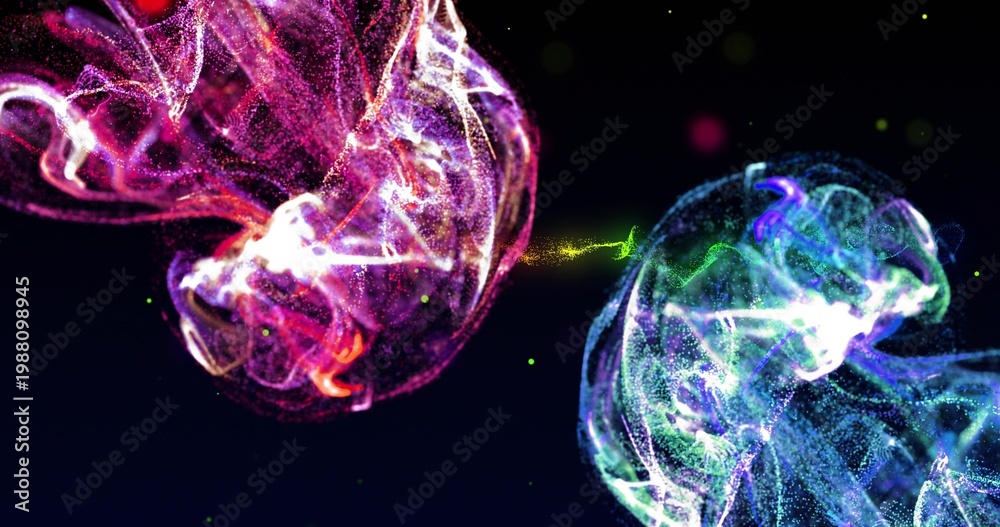 Fototapeta premium Floating magenta and cyan particle clouds flowing in deep black void, with green filament sparks