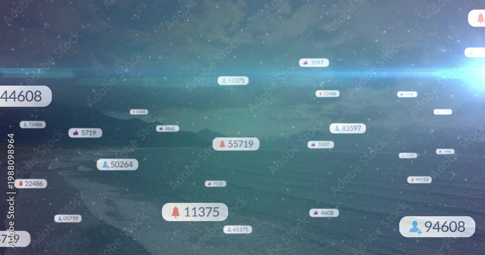 Fototapeta premium Floating notification badges drifting across twilight coast and sea, displaying numeric counters