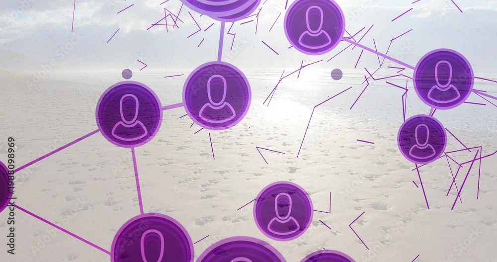 Fototapeta premium Floating cluster of connected purple user nodes overlaying wet sand at coast, with glowing lines