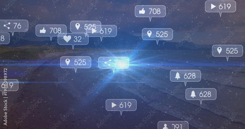Obraz premium Glowing notification bubbles floating on beach at night, showing numeric badges and blue burst