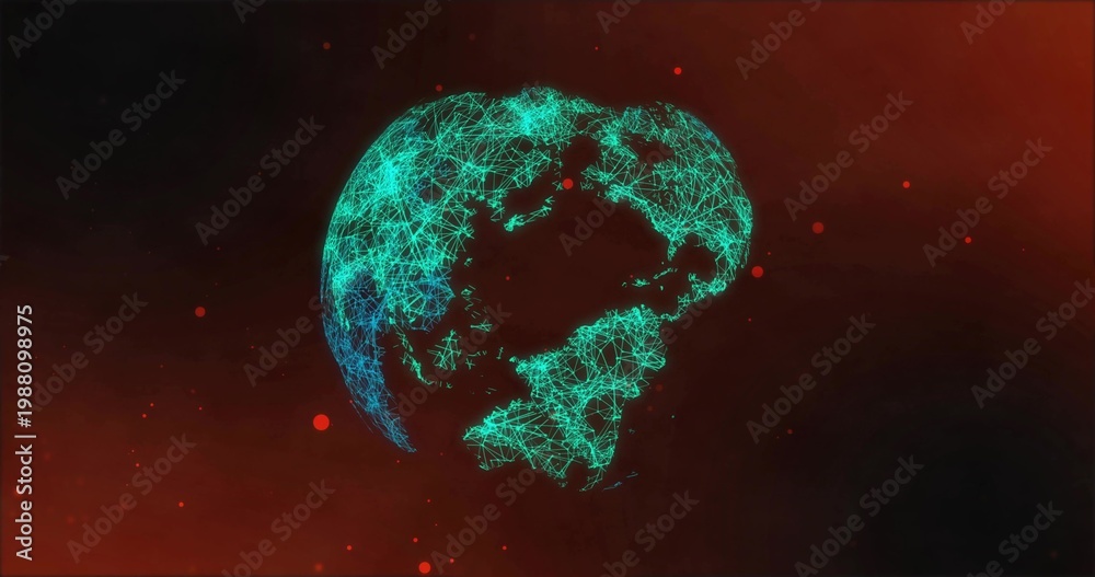 Fototapeta premium Floating wireframe globe showing Western Hemisphere network against dark crimson field, red dots