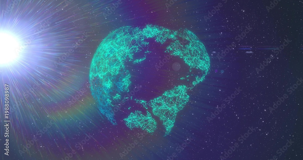 Fototapeta premium Glowing teal wireframe globe with nodes and lines rotating in space, displaying bright star halo