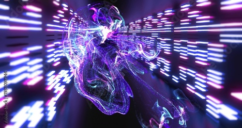 Quadro su tela Glowing particle cloud pulsing and gliding through neon data tunnel, with parall