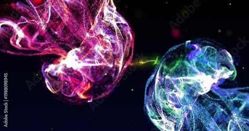 Floating magenta and cyan particle clouds flowing in deep black void, with green filament sparks