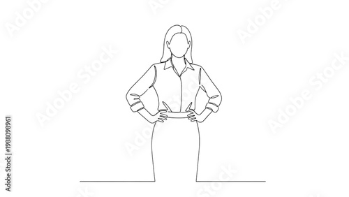 Continuous line drawing of a confident woman standing with hands on hips