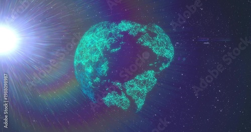 Glowing teal wireframe globe with nodes and lines rotating in space, displaying bright star halo