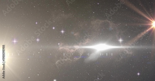 Displaying central elongated nebula glowing across deep space, with lens-flare stars and dust lanes