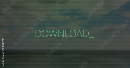 Displaying centered teal DOWNLOAD_ cursor blinking on CRT screen with scanlines, grain and horizon