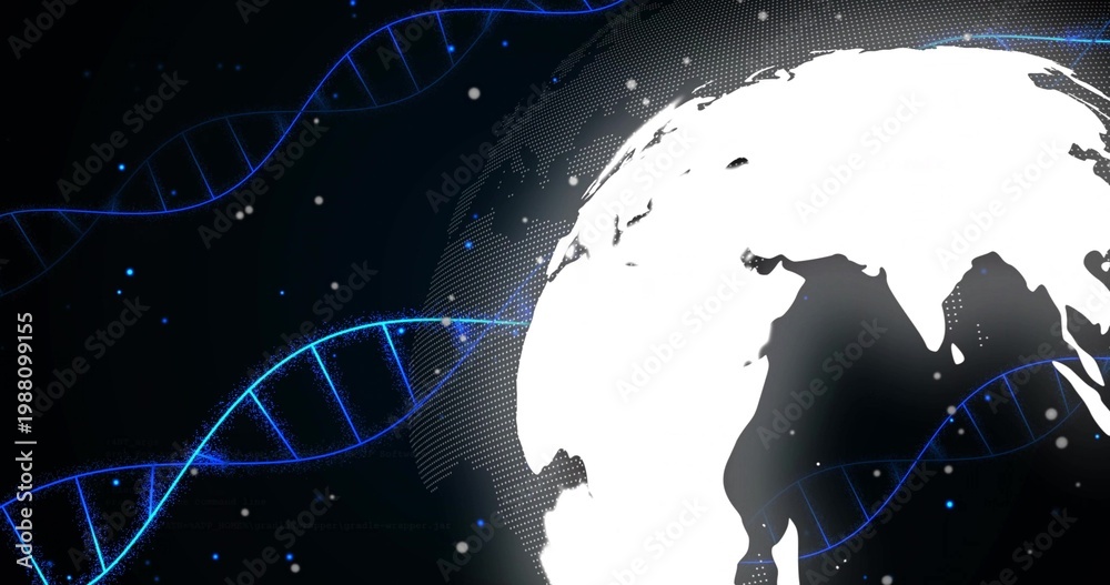 Obraz premium Starting white Earth silhouette rotating at right on startup, highlighting DNA strands, copy space