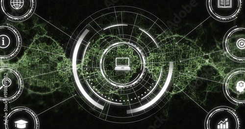 Displaying central HUD showing laptop icon in digital interface, with ringed arcs and outer icons