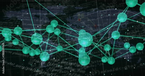 Floating linked turquoise spherical nodes glowing along lines above dark grid, with scrolling code