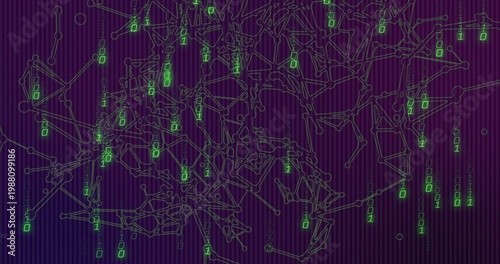 Animating node network reacting to green digits emerging on purple data canvas, with polygonal mesh