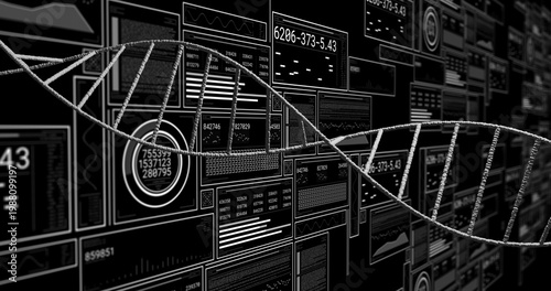 Receiving live data, analytics dashboard moving 3D DNA helix across wall, displaying genomic data