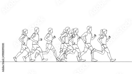 Continuous line drawing of people running in a continuous motion together outdoors