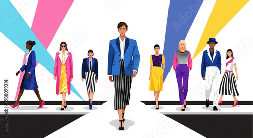 Diverse group of fashion models walking on a runway.