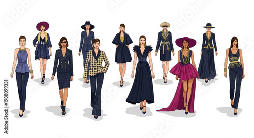 Diverse group of fashion models showcasing elegant designer clothing on a white background.