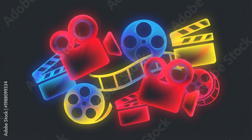 Vibrant Neon Film Reel and Camera Icons Collage.