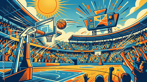 Basketball game in progress with ball in air.