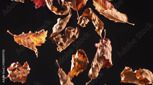 Dried autumn leaves on black background with copy space