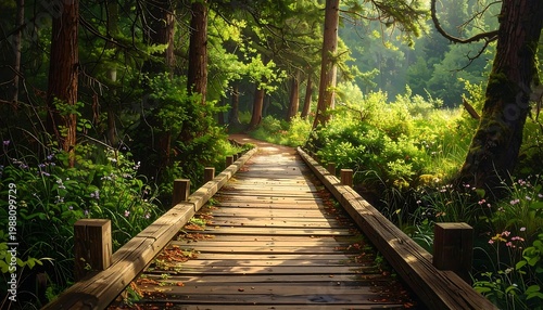 A serene wooden walkway through a lush forest
