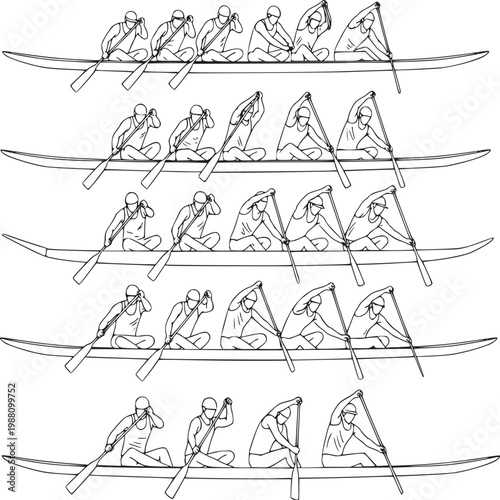 Rowing team sequence illustration in minimalist line art for sports and fitness concepts