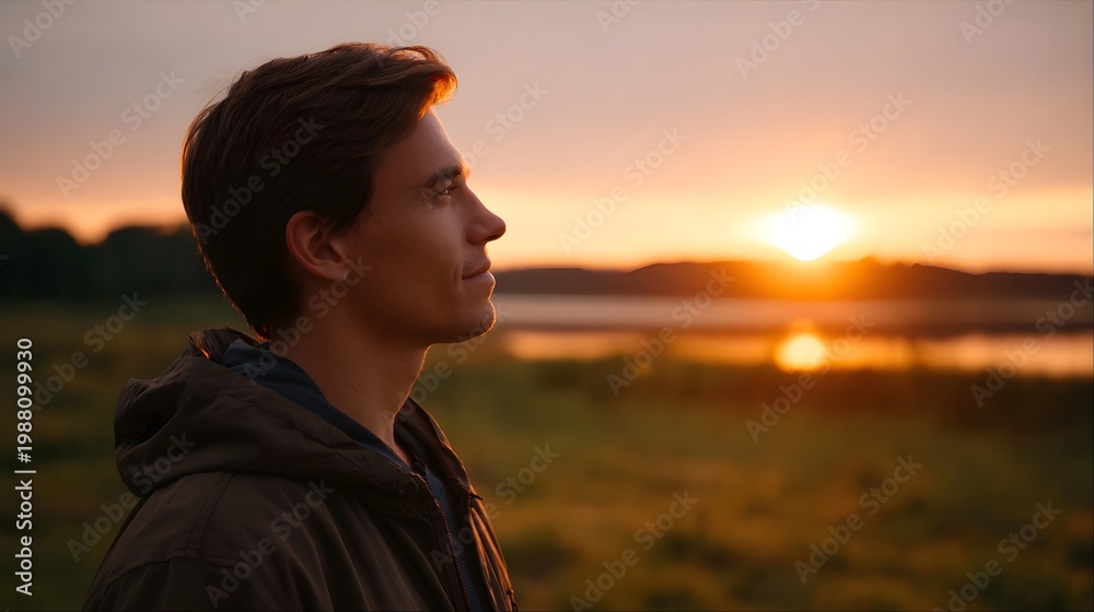 Fototapeta premium A young person gazing peacefully at the golden sunset over a calm body of water capturing a moment of natural reflection