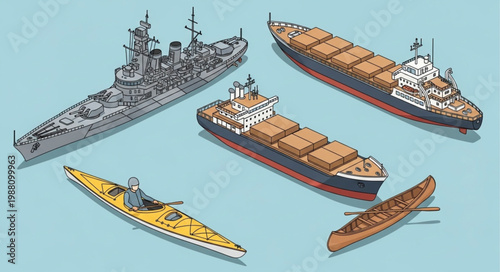 Collection of diverse watercraft including a warship cargo ship kayak and canoe.