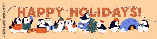 Happy Holidays banner design. Template with cute group of penguins preparing for New Year celebration together. Funny birds have fun, play and decorate Xmas tree in winter. Flat vector illustration