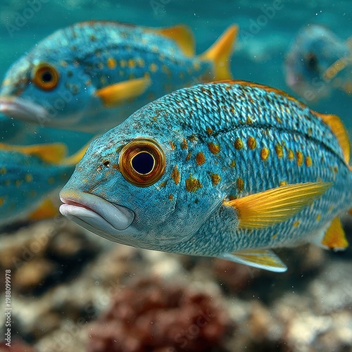 Close-up of vibrant blue fish with yellow fins and orange spots