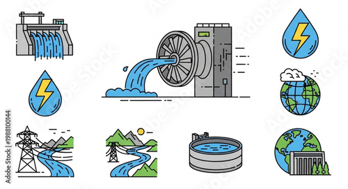 Hydroelectric Power Generation Icons Set.