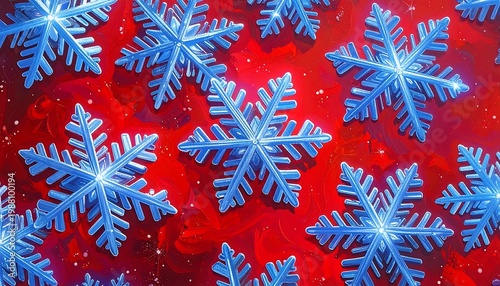 A vibrant red background adorned with multiple glowing blue snowflakes